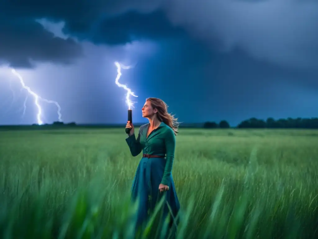 A woman stands bravely in a stormy field, holding a whistle and lit torch to guide her way