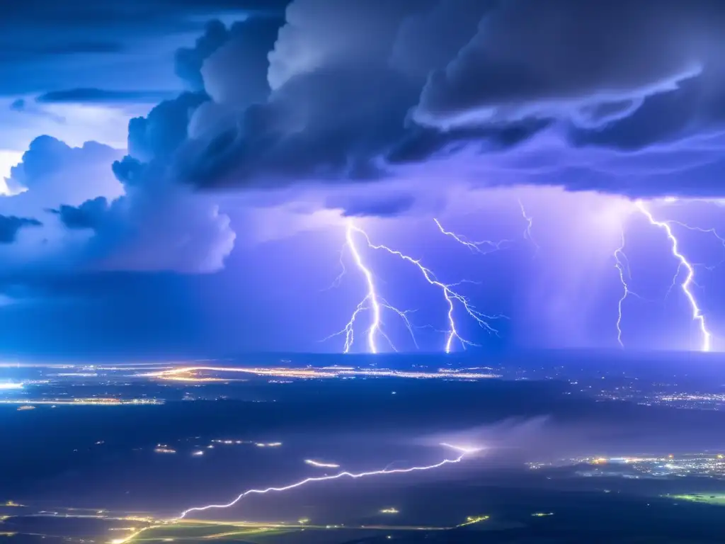 A breathtaking aerial shot of the 500 MPH storm, with thunderheads looming and lightning strikes lighting up the sky