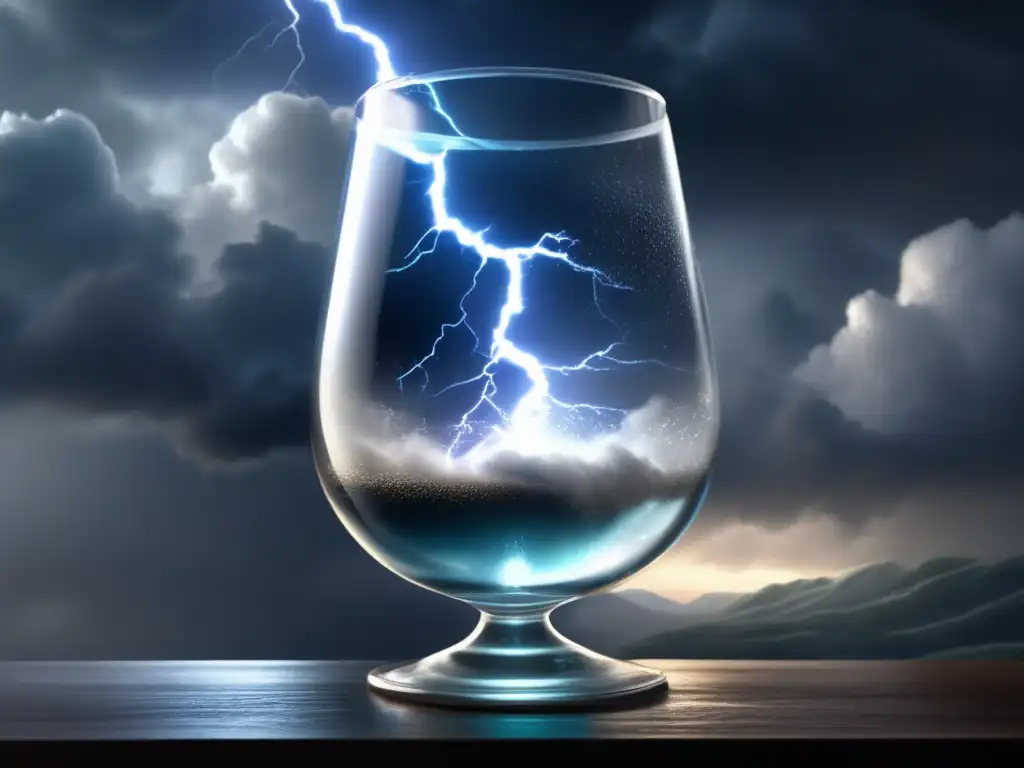 A storm glass brews, lightning strikes and frog rises, with dark and light clouds reflecting off its surface