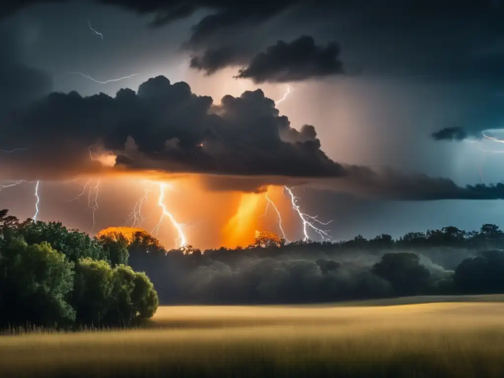 Haunting landscape with a distance ominous storm brewing, lightning flashes against darkening sky