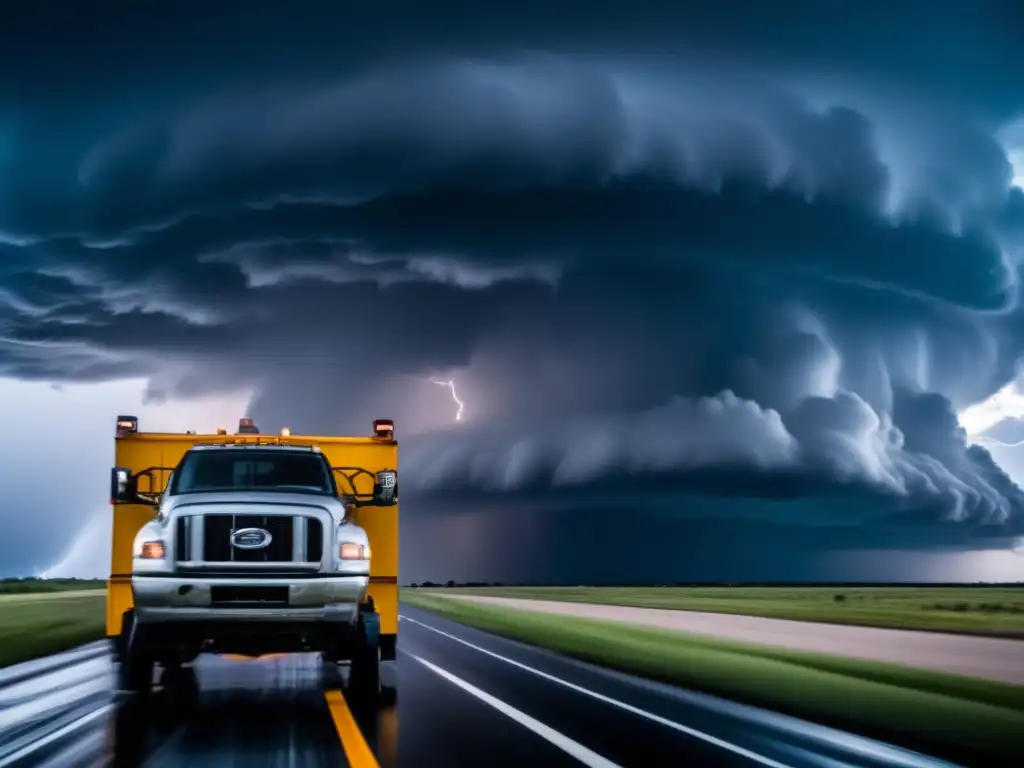 A storm chaser, perched atop a vehicle, faces a raging hurricane in the distance