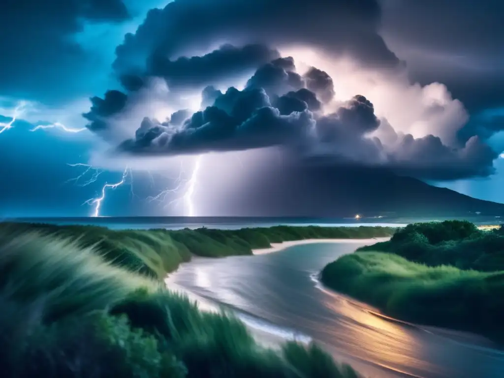 A majestic storm cloud dominates the sky, its rolling clouds casting a gloomy shadow over the vibrant, green coastal landscape