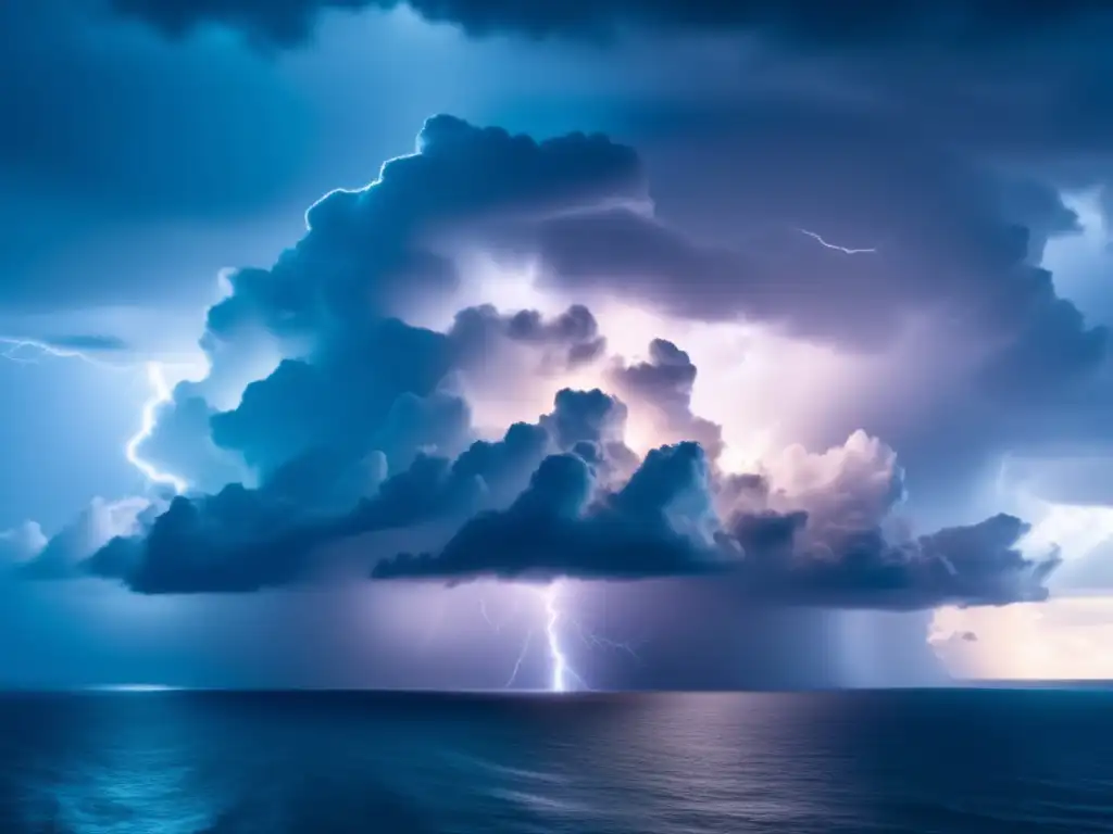 A towering storm cloud dominates the sky above the ocean, casting a foreboding shadow over the calm waters below