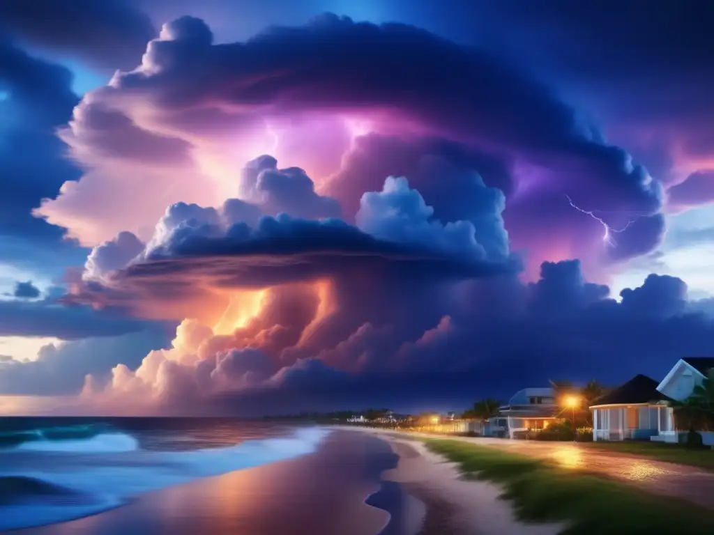 A towering storm cloud looms over a peaceful coastal town in this high-resolution, photorealistic image