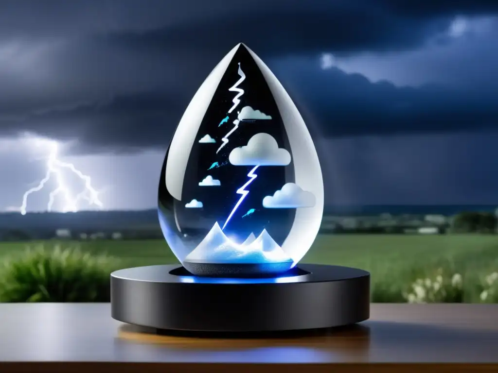 A sleek black storm glass weather forecaster stands against a backdrop of swirling storm clouds, lightning bolts, and dark thunderstormy skies