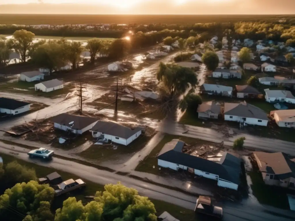 A devastating aerial shot of a hurricane-damaged community, with power lines down, buildings in disarray and trees scattered throughout the landscape