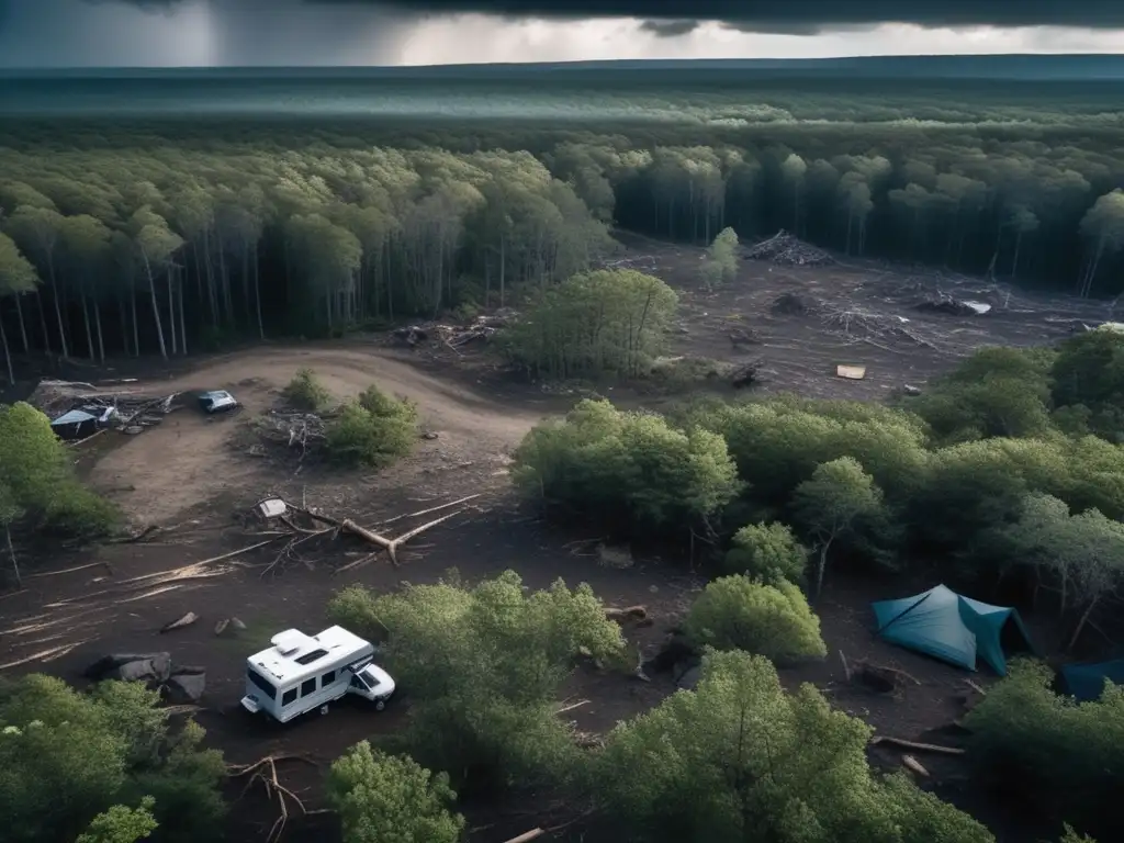 An aerial shot of a scarred and damaged forest landscape, with twisted and downed trees and branches scattered across the ground