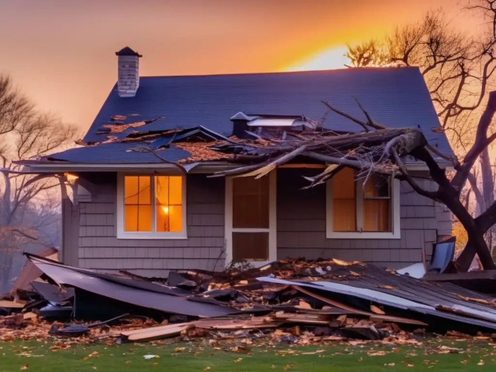 dash - A dramatic fullcolor photograph captures a stormravaged home, surrounded by branches and debris in a garden