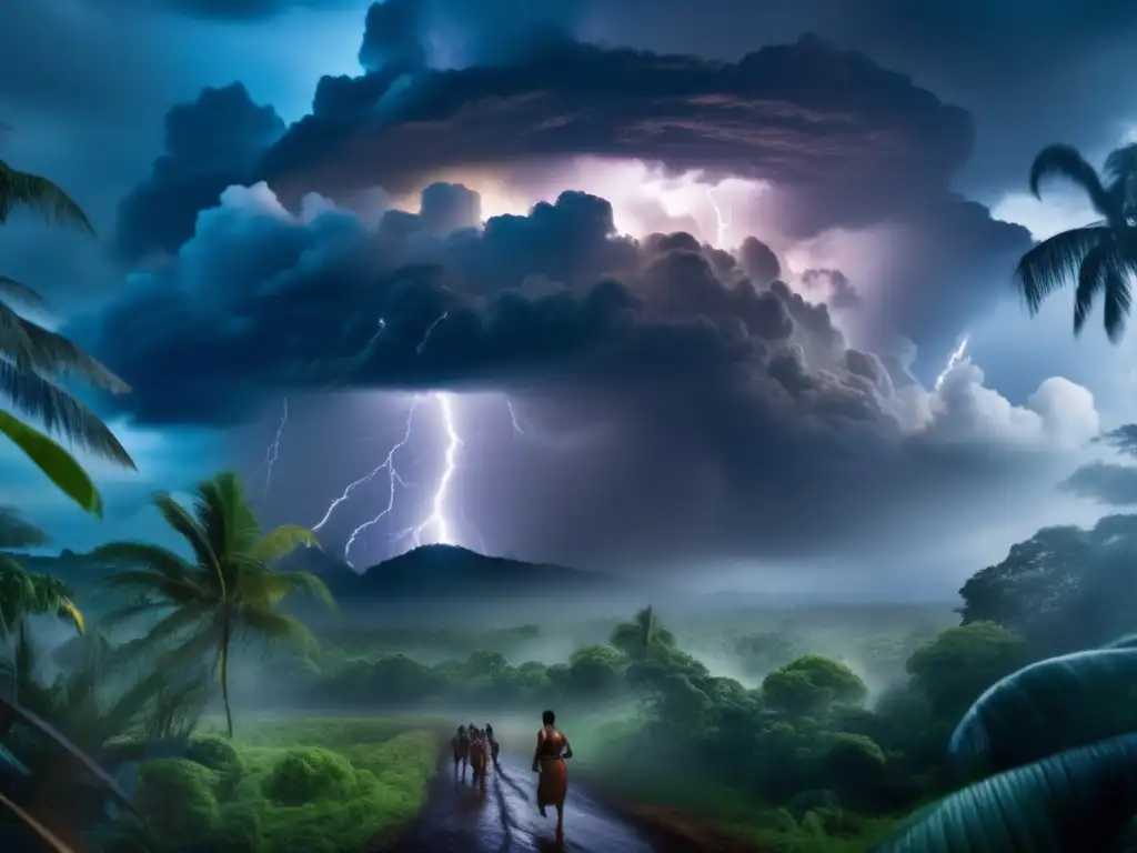 An eerie midnight sky looms over a lush jungle as a colossal hurricane wreaks havoc on the landscape