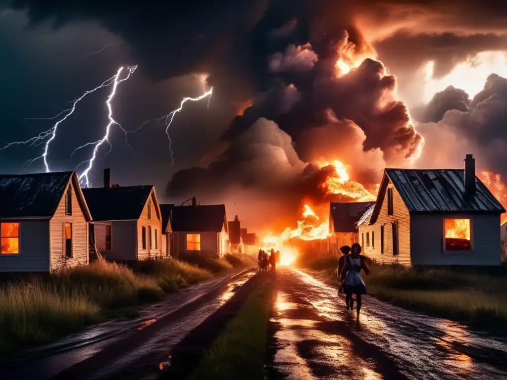 A harrowing scene of people escaping a ferocious storm, their faces contorted with fear and despair, the towering clouds ominously looming and lightning striking in the distance