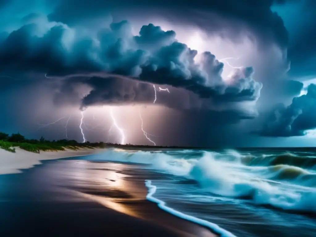 A tempestuous storm's eye swirls with lightning and thunderbolts, representing the destructive force and chaos of extreme weather events