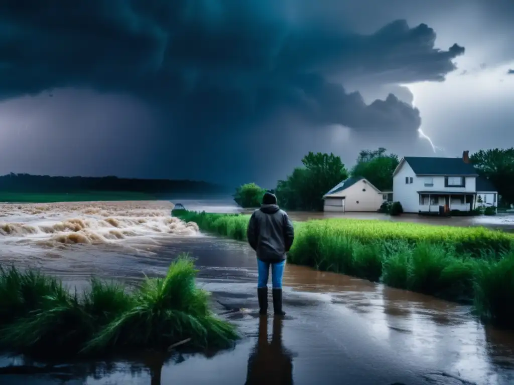 A person stands in a rural town, watched by a rising river, as torrential rain and flooding take over