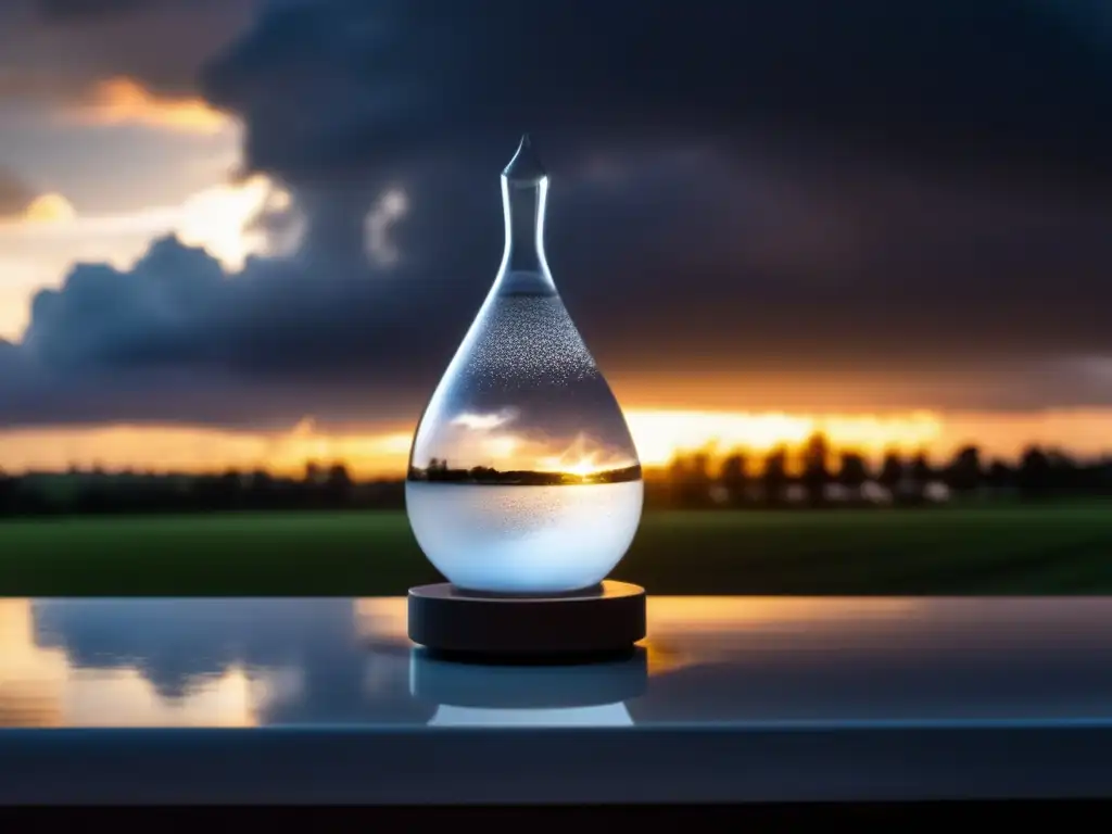 A cinematic storm glass weather forecaster, radiantly displayed with a clearing sky in the background, and a captivating sunset on the horizon