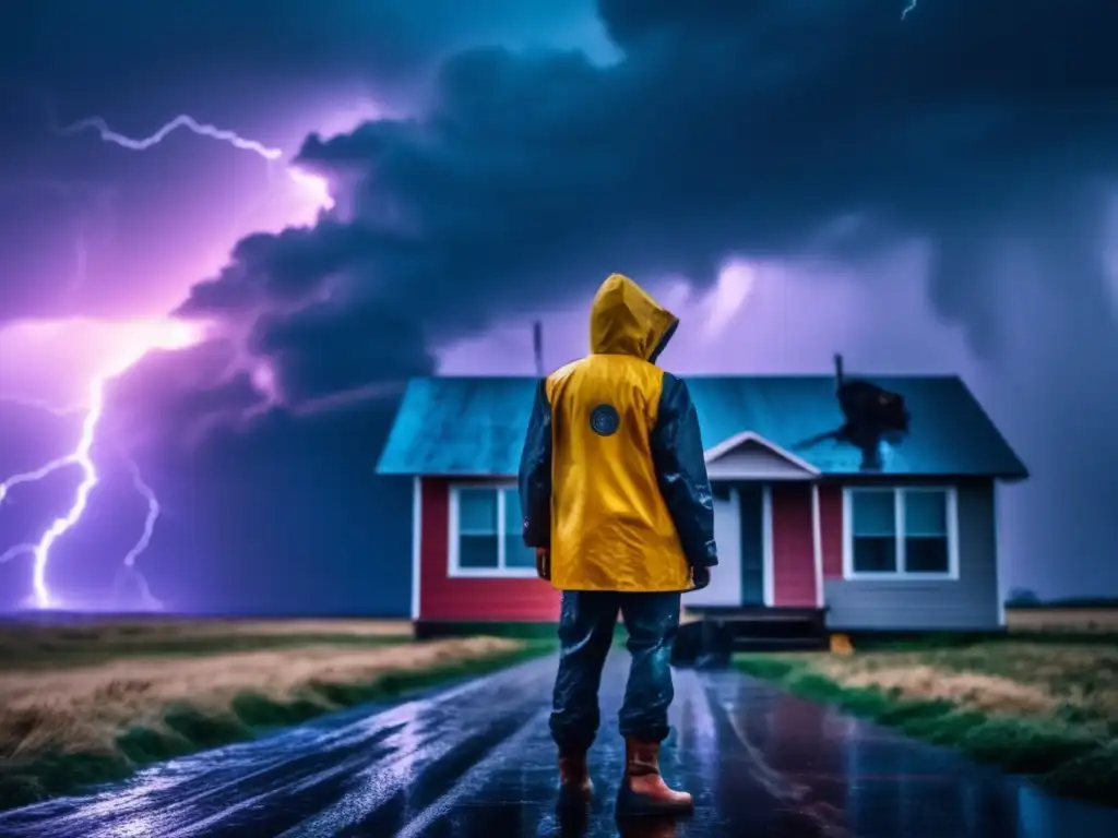 A determined person standing in the eye of a hurricane, their home severely damaged, as wind and rain swirl around them