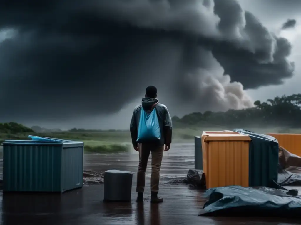 A lone person stands amidst the chaos of a hurricane, with lightweight, collapsible containers forming a makeshift shelter in the background