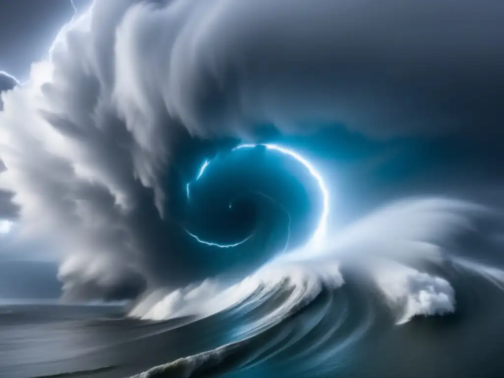 A dramatic closeup of a hurricane's center, with swirling winds and torrential rain