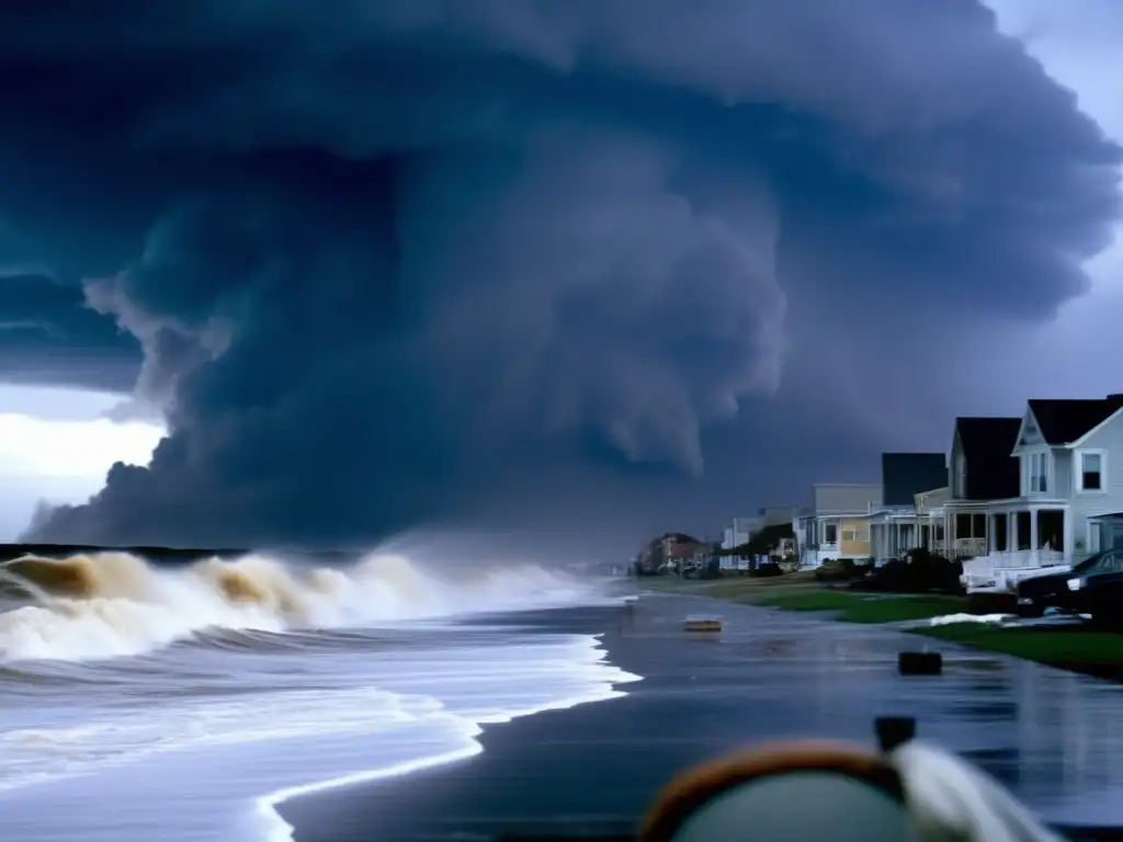 A high-definition cinematic image captures the intensity and devastation of Superstorm (2007, Miniserie de TV) as it ravages a coastal city