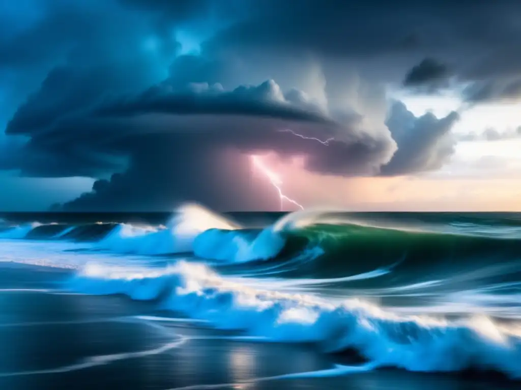 A cinematic image of a massive hurricane approaching the shoreline, with ominous clouds and intense lightning