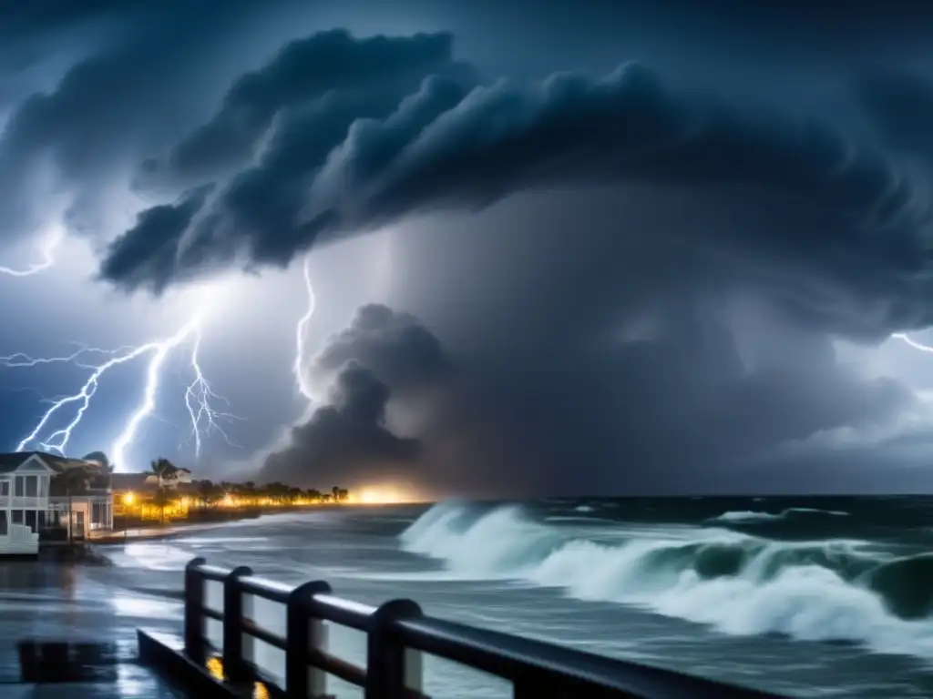 A suspenseful hurricane churns through a coastal city, its lightning and thunder amplifying the tension, with a draped figure holding a bullhorn advocating for justice and equality in the foreground