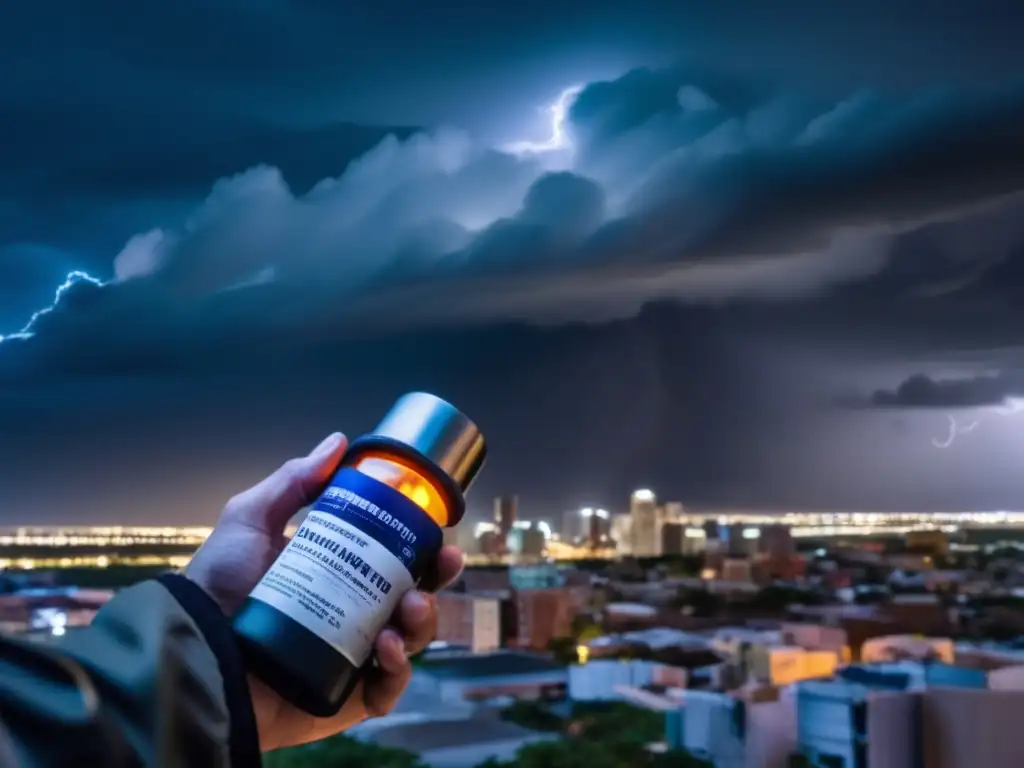 A person holding a vital medication against a ravaged cityscape: determination and resilience shine through as lightning illuminates the scene