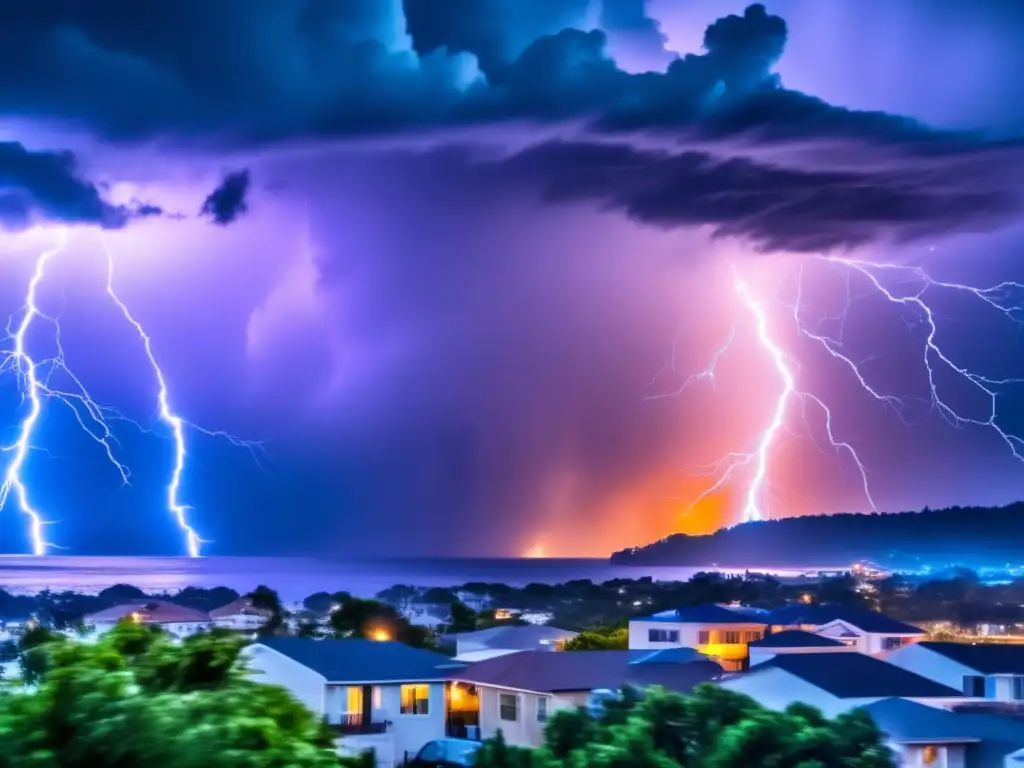 A breathtaking image of a fullscreen, vertical storm raging over a coastal city at sunset