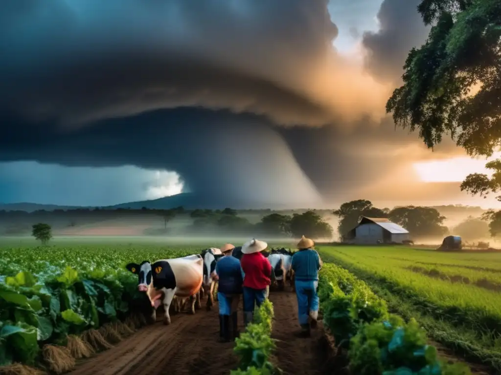 At sunrise on a peaceful countryside, farmers tend to their pigs and cows, picking ripe fruits from trees until they hear a distant siren