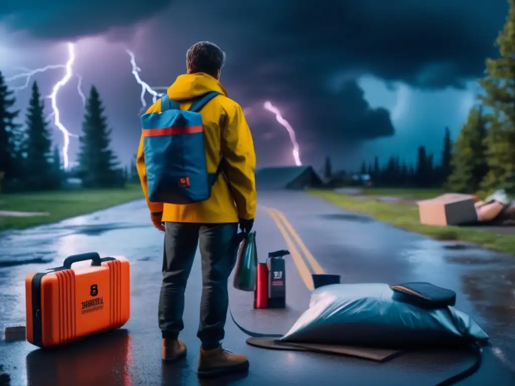 A 8k ultra-detailed image depicts a person with a survival kit in a well-lit driveway amidst storm wreckage