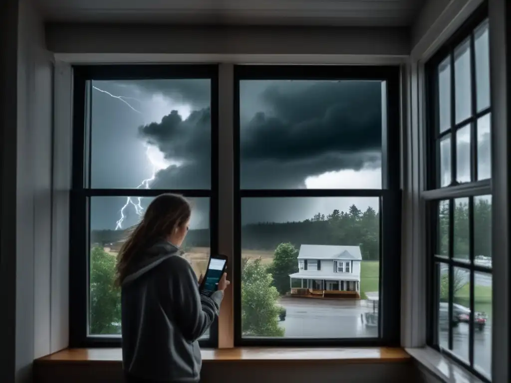 A person in a small town watches a dark gray storm rage on through the window, while an empty street is shadowed by swaying trees