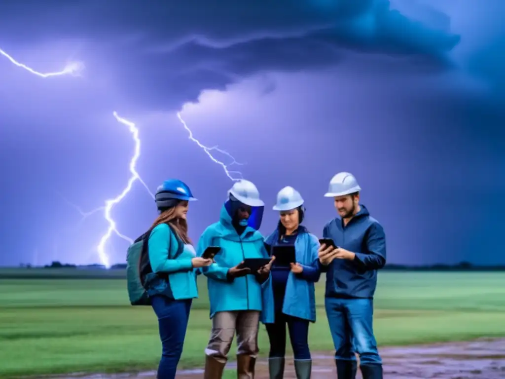 Protective Not Prepared - A diverse group of individuals standing in front of a dramatic stormy sky, protected by gear but not by choice