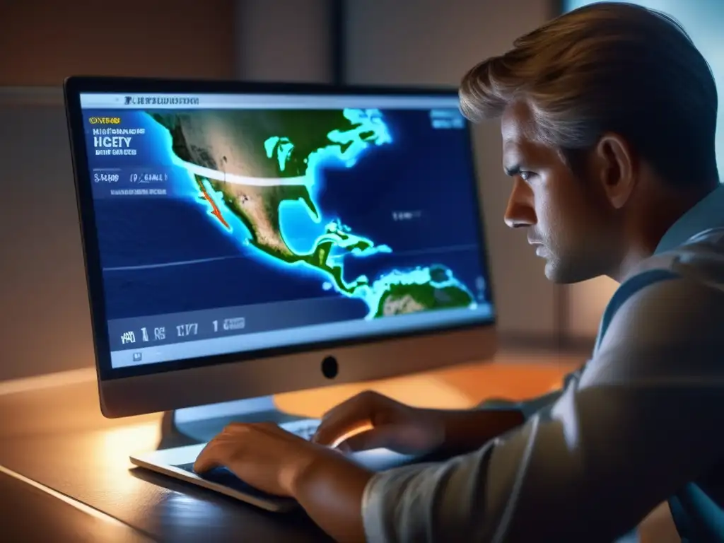 A person with a concerned expression studying a digital hurricane track on a laptop, symbolizing the importance of being prepared for the approaching storm