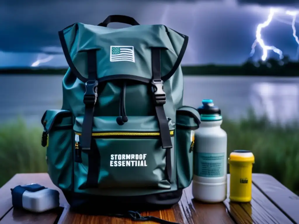 Dark and stormy sky illuminates a fully stocked StormProof backpack, ready for action