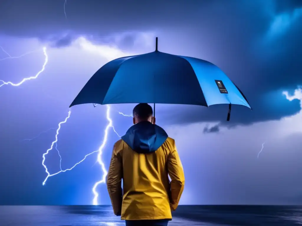 A person in the center of a tempest shielded by a sleek, modern stormproof umbrella