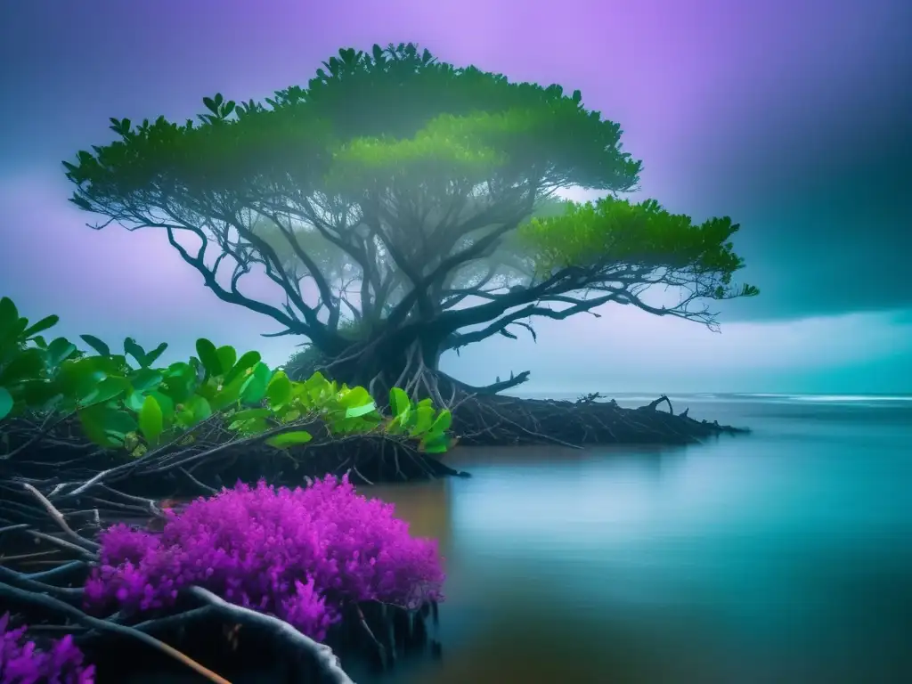 A mesmerizing 8k ultradetailed image of a mangrove forest in full bloom, with branches stretching towards the camera as though protecting against the impending tempest