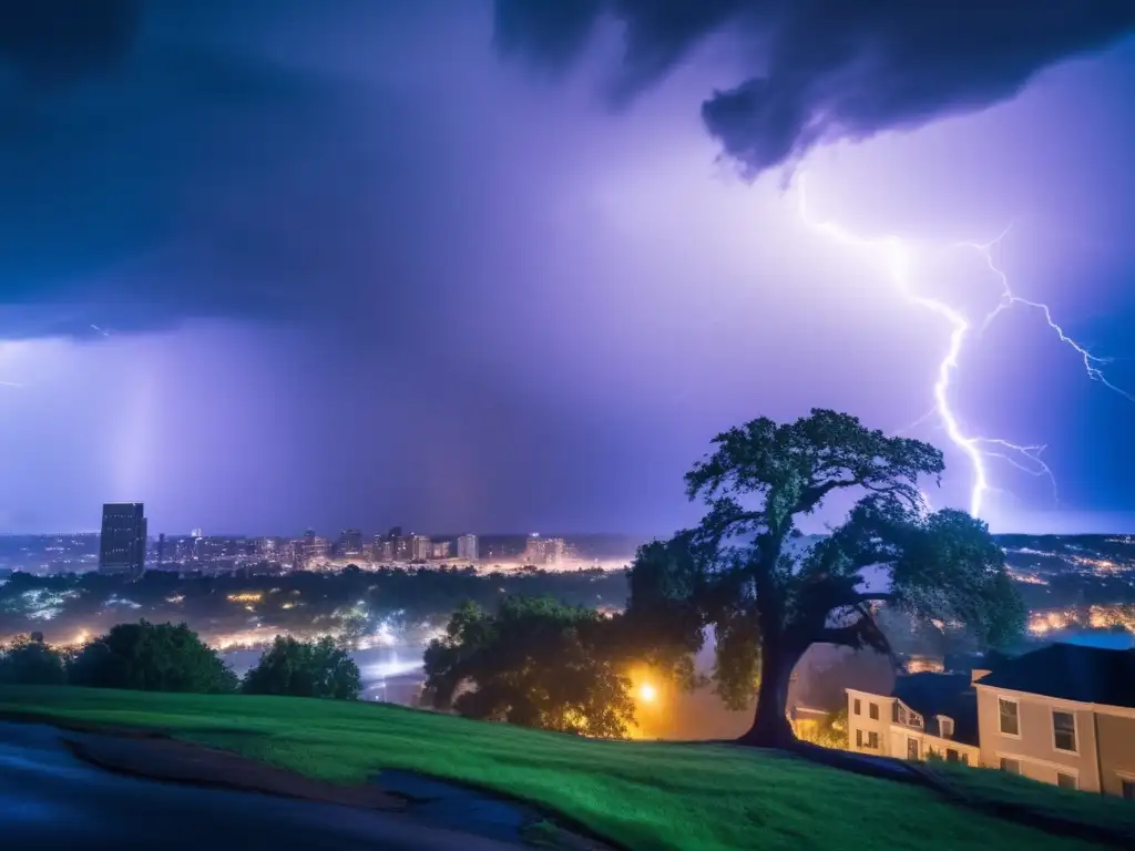 A gripping image of a superstorm tearing through a city, lightning bolts and flash rain illuminating the chaos