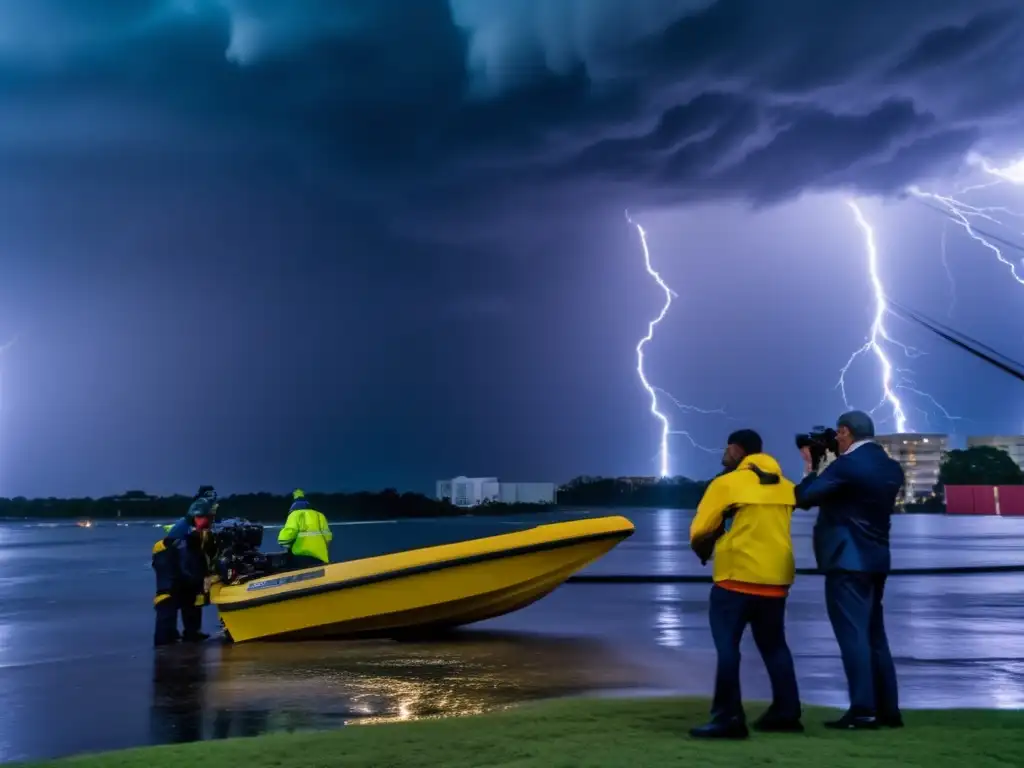 A storm unleashes chaos, lightning flickers in the dark sky while news teams rush to the scene-
