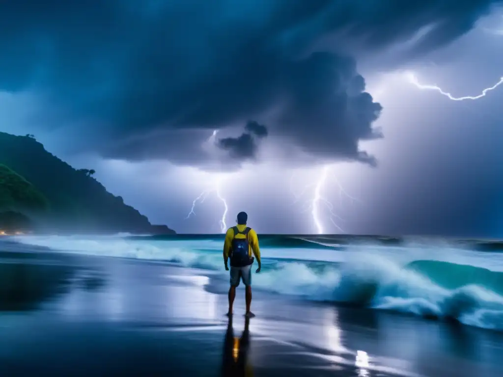 A cinematic image of nature's fury: A tropical storm rages in the ocean, with lightning bolts illuminating the rough seas and rain pelting down on the faces of storm surfers who are seemingly at peace with the power of nature concerning them