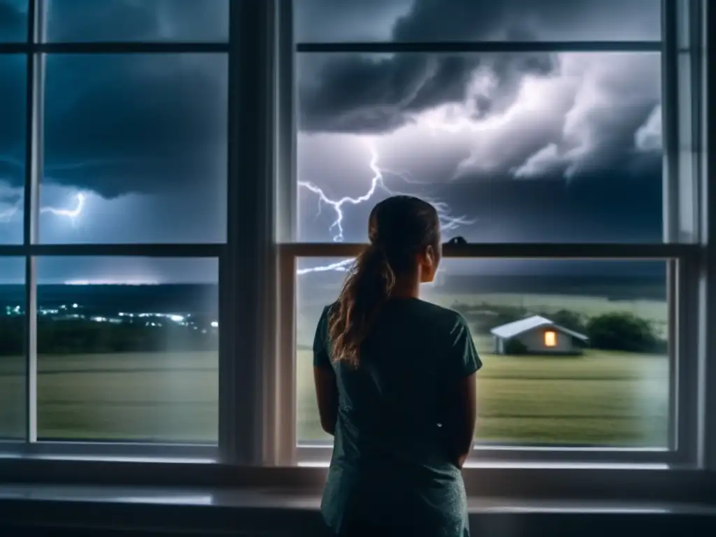 A person with a chronic illness gazes out of their window during a hurricane, with a determined look in their eyes