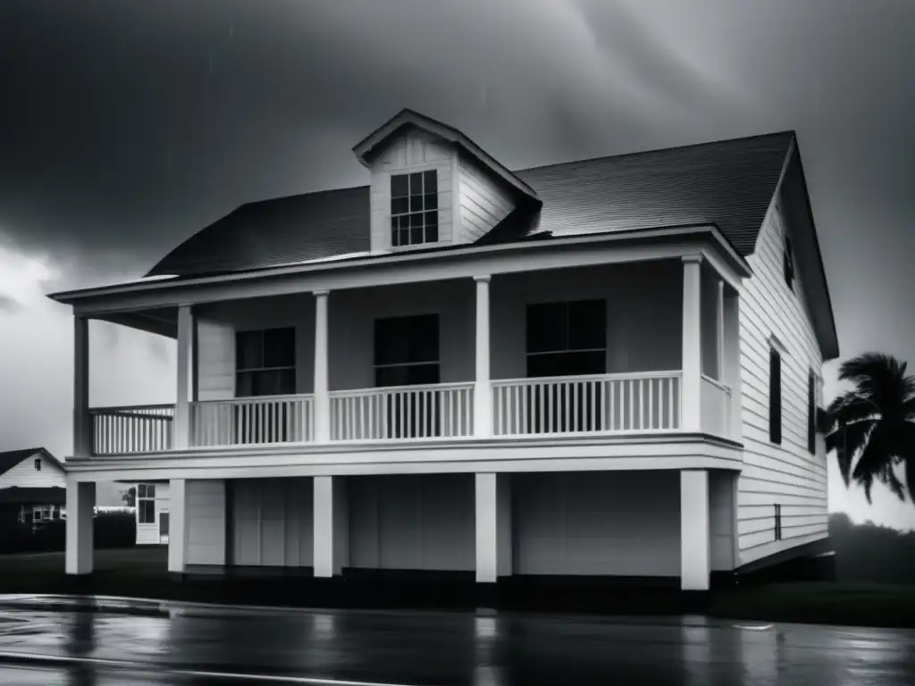 A powerful tropical storm rages against a white stucco house with boarded-up windows, as rain pours down and winds fiercely blow