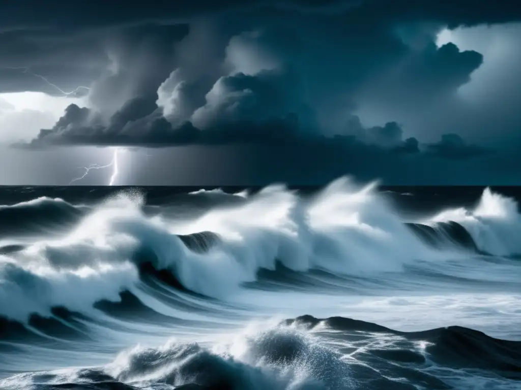 A monstrous black and white storm surge over the ocean, with lightning illuminating the sky and waves towering over the horizon