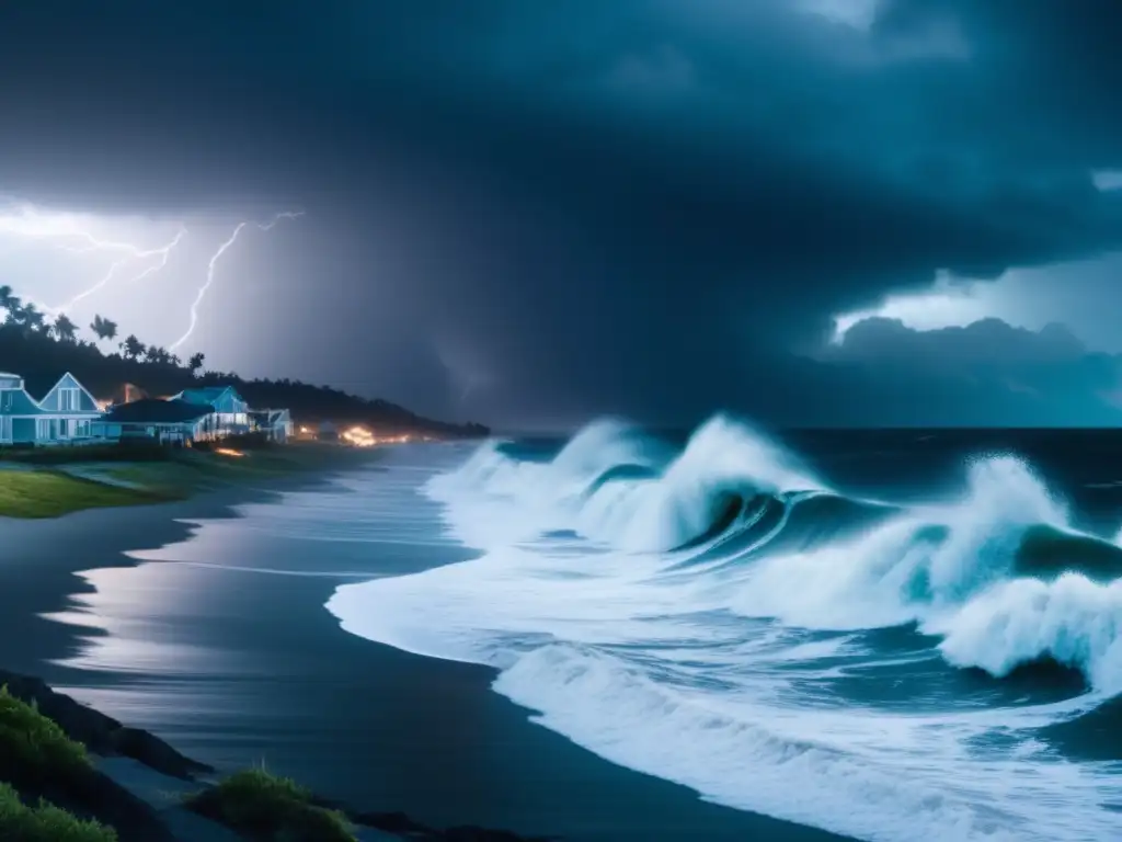 A devastating storm surge engulfs the coastline, causing massive destruction to the ecosystem