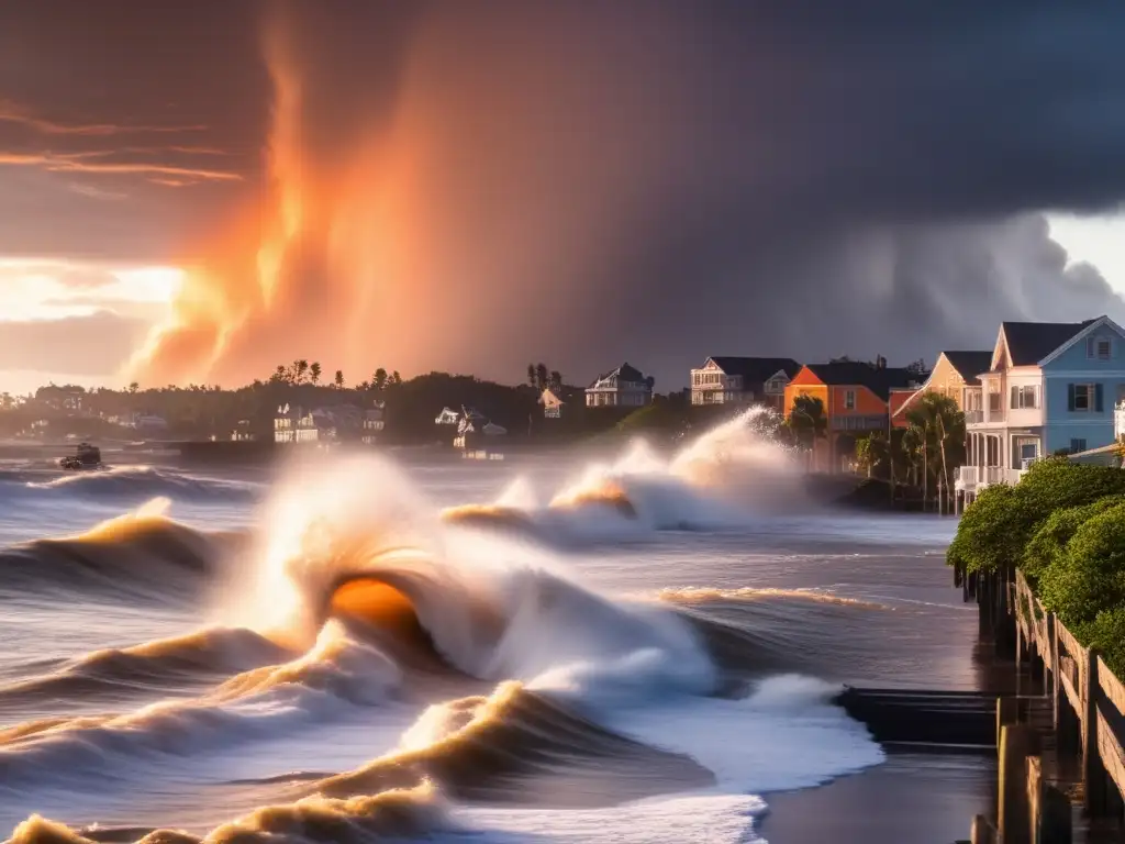 A powerful storm surge devours a coastal town, washing away everything in its path as the sun sets, casting an eerie orange glow