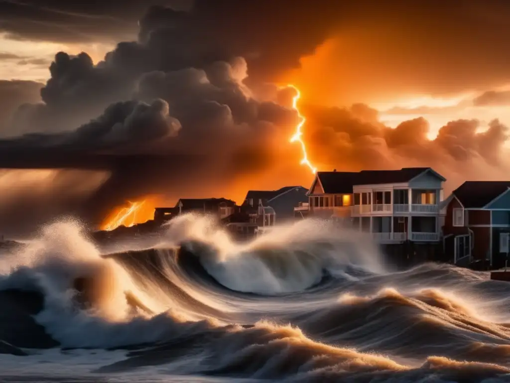 A powerful wave surges onto a coastal town, leaving flooding and destruction in its wake