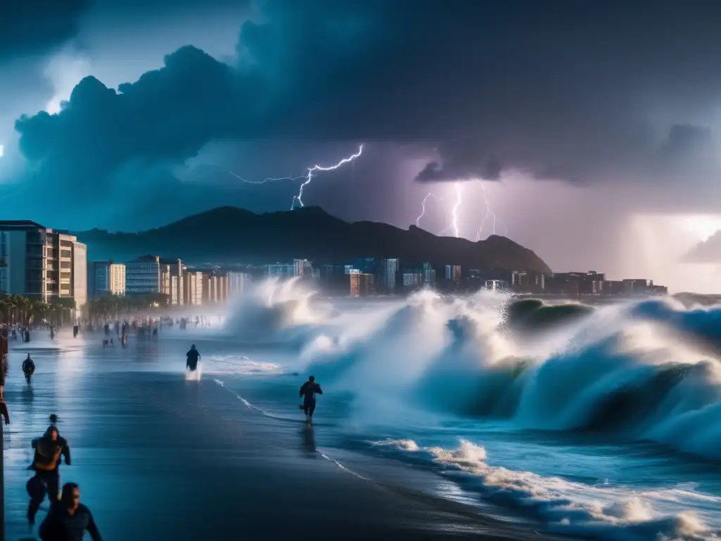 A breathtaking cinematic image of a coastal city horrorstruck by a massive storm surge, where water rushes over buildings and into the streets, people scramble for safety and higher ground as destruction happens in the foreground