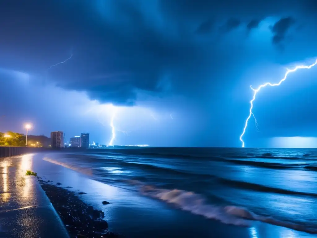 A breathtaking cinematic image of a storm surge overwhelming a coastal city at night, with lightning and rain illuminating the sky