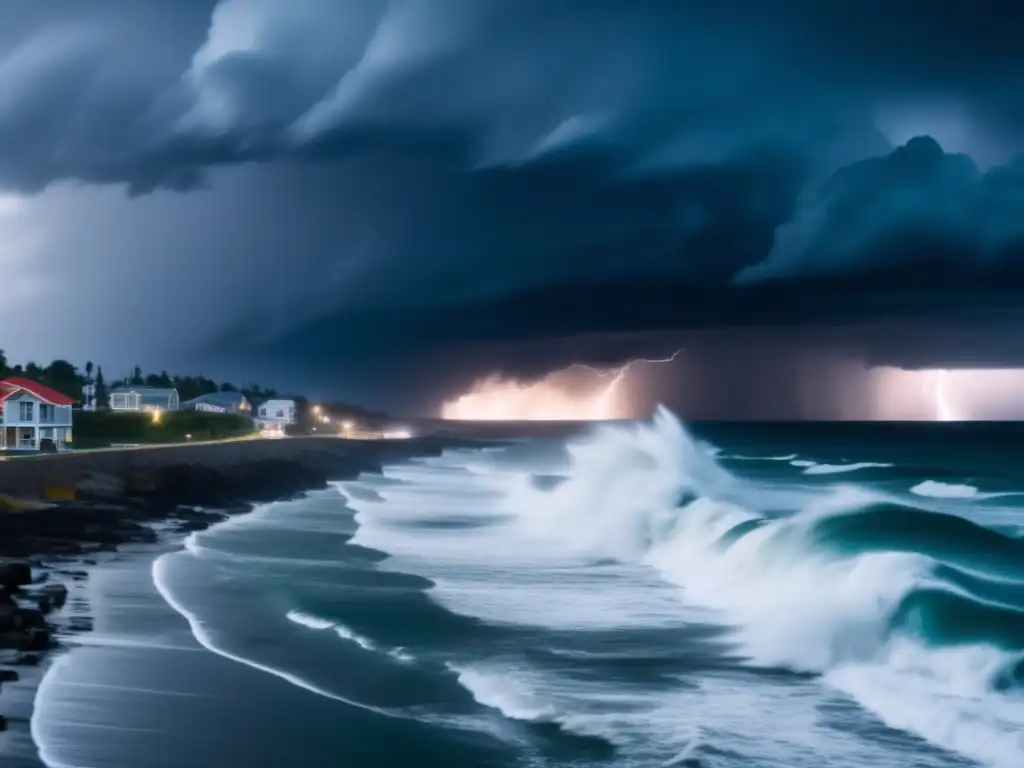 The midnight sky is a swirl of blue and purple, streaked with lightning