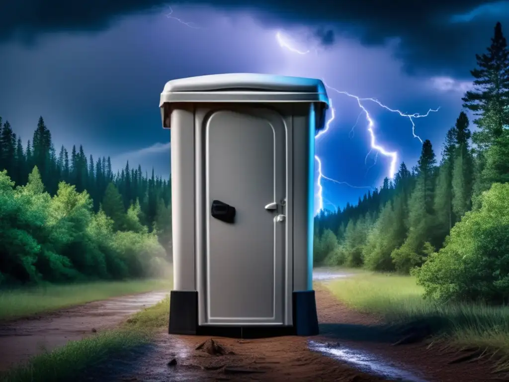 A stormy forest trail, nature's danger revealed: a portable toilet braves the wrath of the hurricane