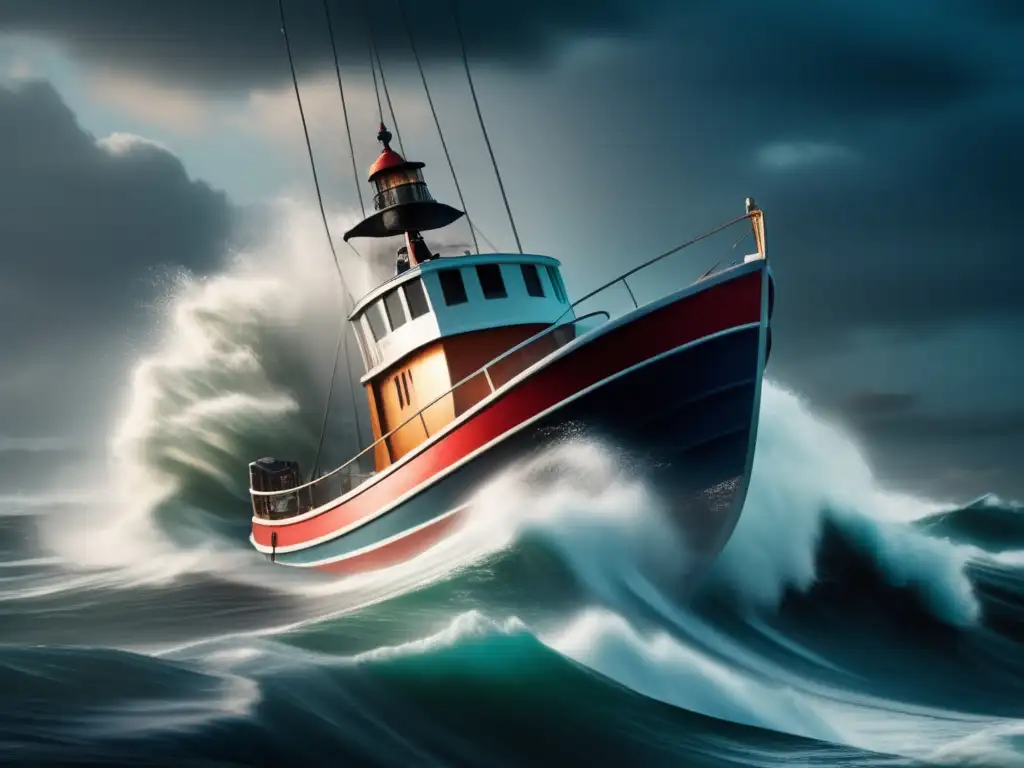 A cinematic image of a boat being battered and tossed by hurricane winds, with eerie lighting and dramatic use of color