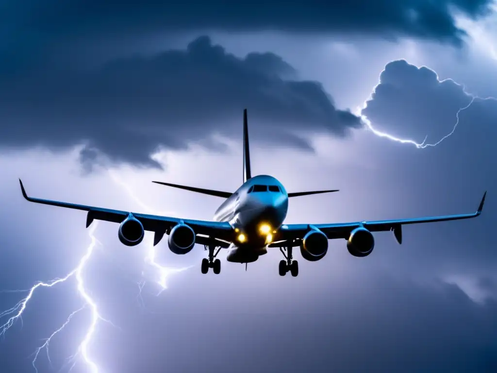 A black airplane silhouette against a tempestuous sky filled with lightning--