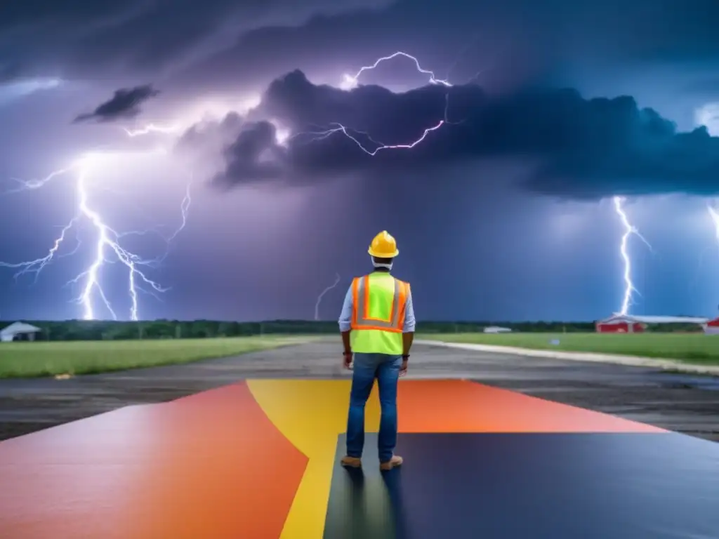 A person in a hard hat stands on a colorful, boldly patterned antifatigue mat, protected from a hurricane-struck building in the distance