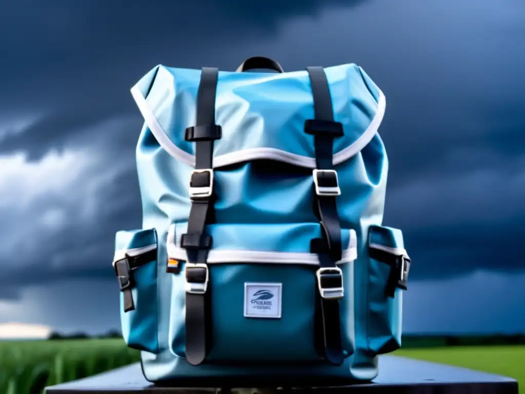 Amidst the raging storm, a sturdy black backpack stands tall, its waterproof material protecting valuable items inside